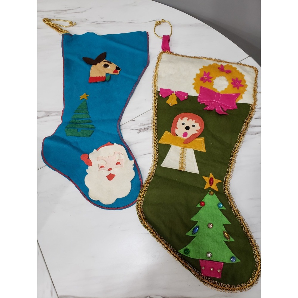 Vintage Handmade Christmas Stocking Felt Angel Santa 1950s 70s REtro MCM Kitschy